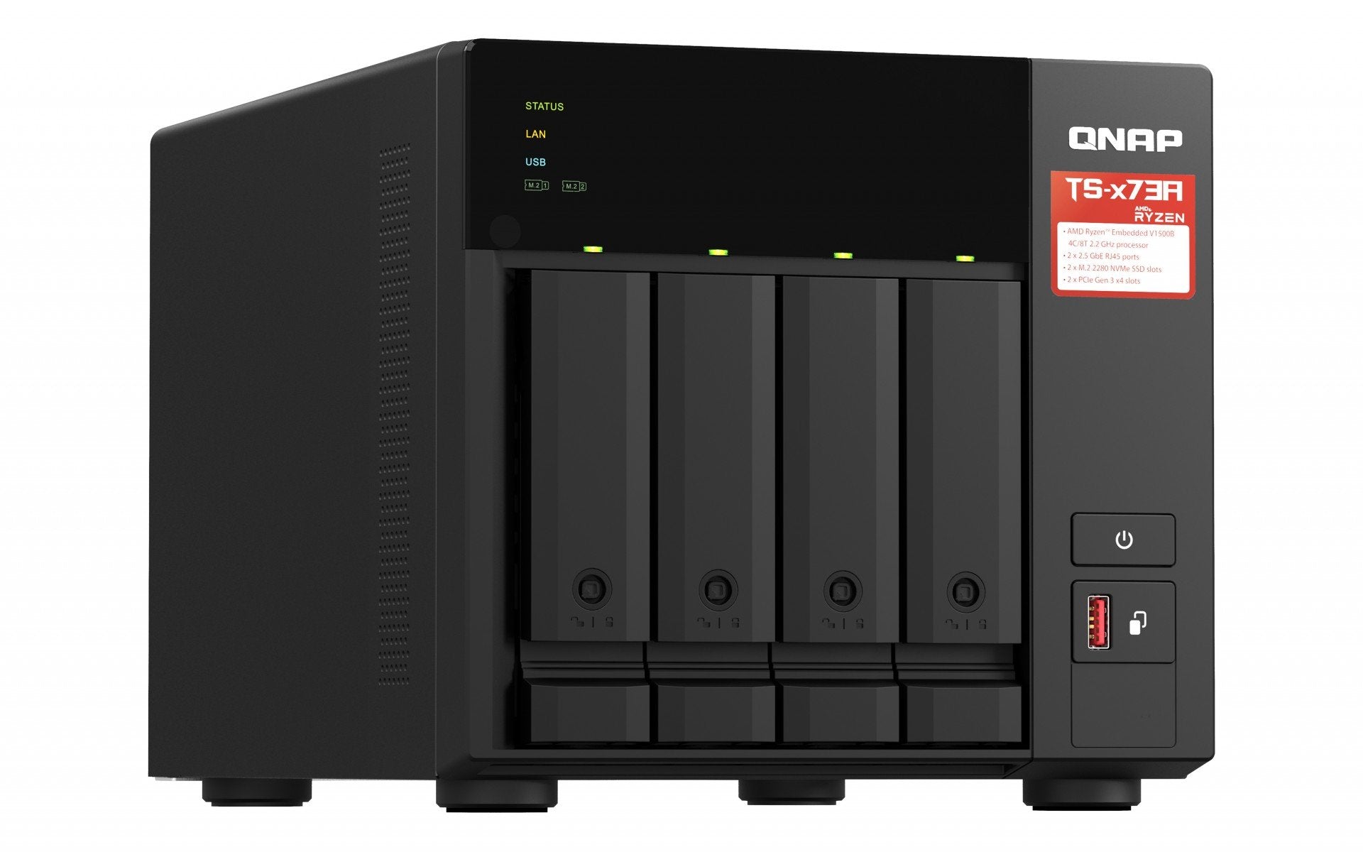 QNAP TS-473A-8G NAS AMD Ryzen Embedded V1500B 8Go SO-DIMM DDR4 4x 2.5/3.5inch SATA 6Gbps 2x M.2 2280 NVMe PCIe Gen3 x1 slots