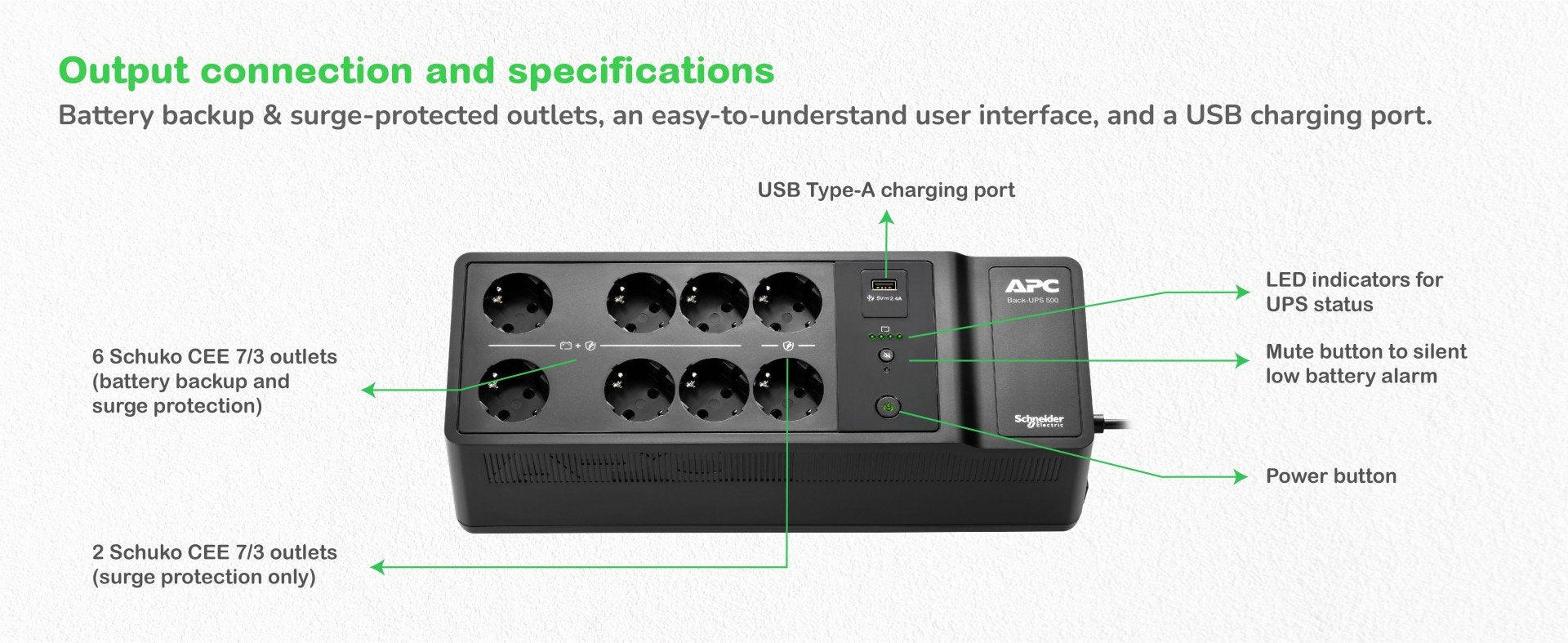 APC Back-UPS UPS wall mountable / surface mountable AC 230V 300Watt 500VA output connectors 8