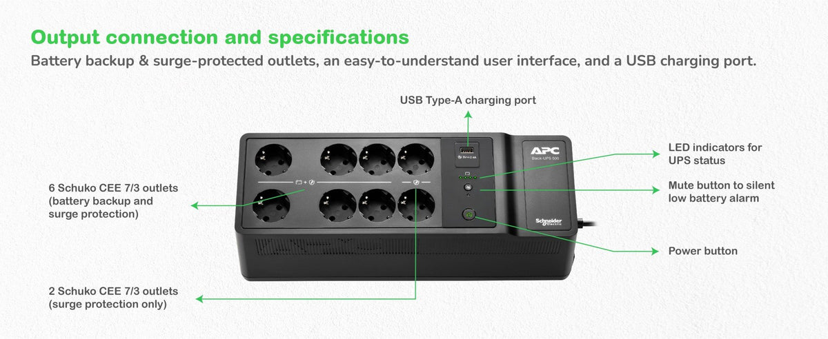 APC Back-UPS UPS wall mountable / surface mountable AC 230V 300Watt 500VA output connectors 8