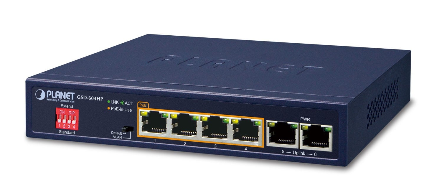 PLANET GSD-604HP commutateur réseau Non-géré Gigabit Ethernet (10/100/1000) Connexion Ethernet, supportant l'alimentation via ce port (PoE) Bleu