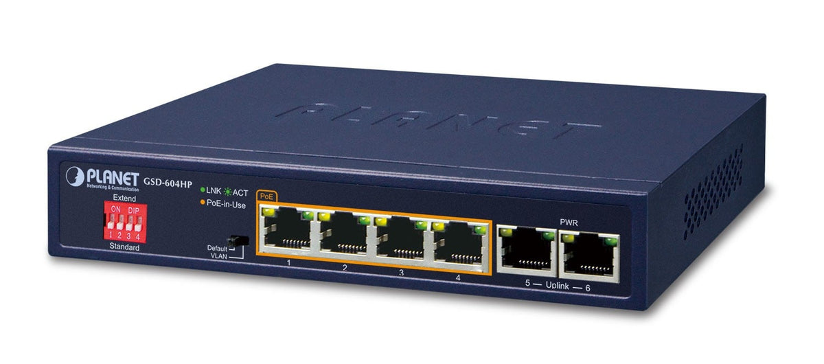 PLANET GSD-604HP commutateur réseau Non-géré Gigabit Ethernet (10/100/1000) Connexion Ethernet, supportant l'alimentation via ce port (PoE) Bleu