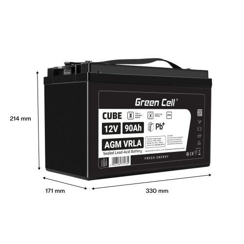 Batterie sans entretien Green Cell Cube AGM VRLA IP54 12V 90Ah pour camping-cars, photovoltaiques, panneaux solaires et bateaux