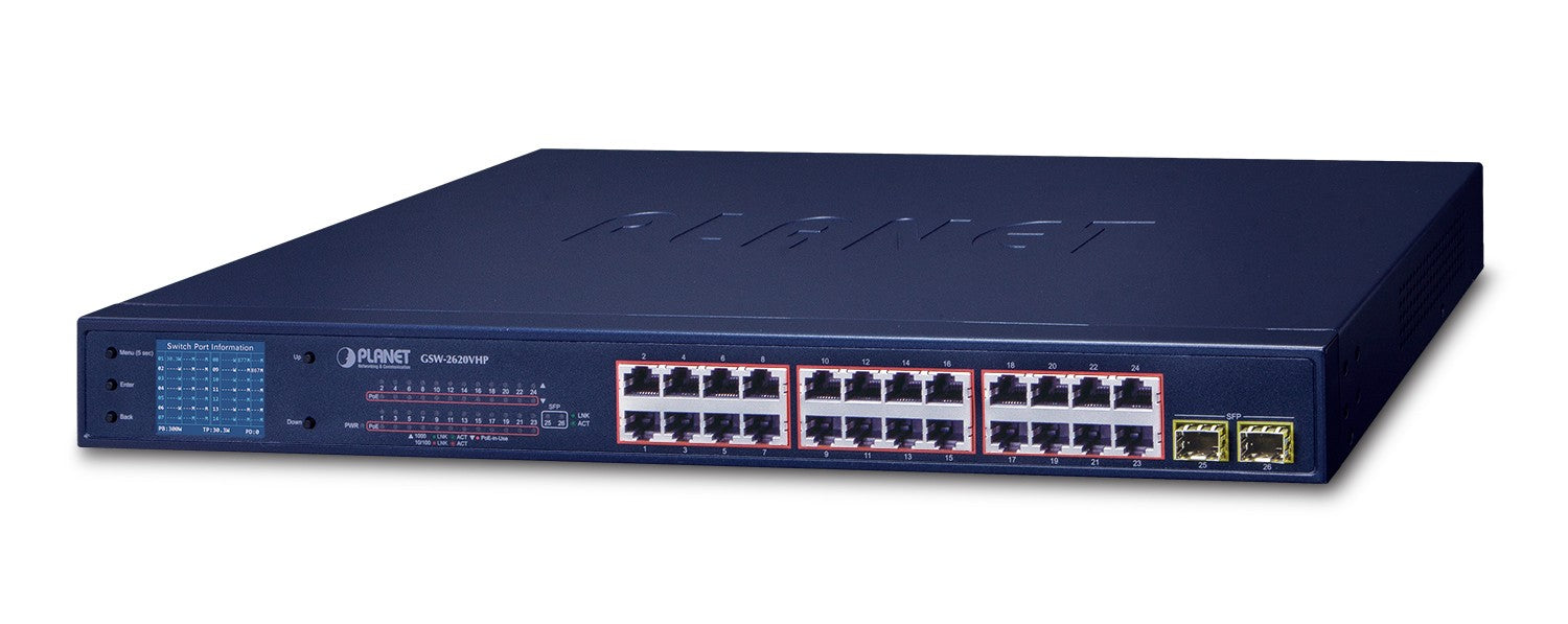 PLANET GSW-2620VHP commutateur réseau Non-géré Gigabit Ethernet (10/100/1000) Connexion Ethernet, supportant l'alimentation via ce port (PoE) 1U Bleu