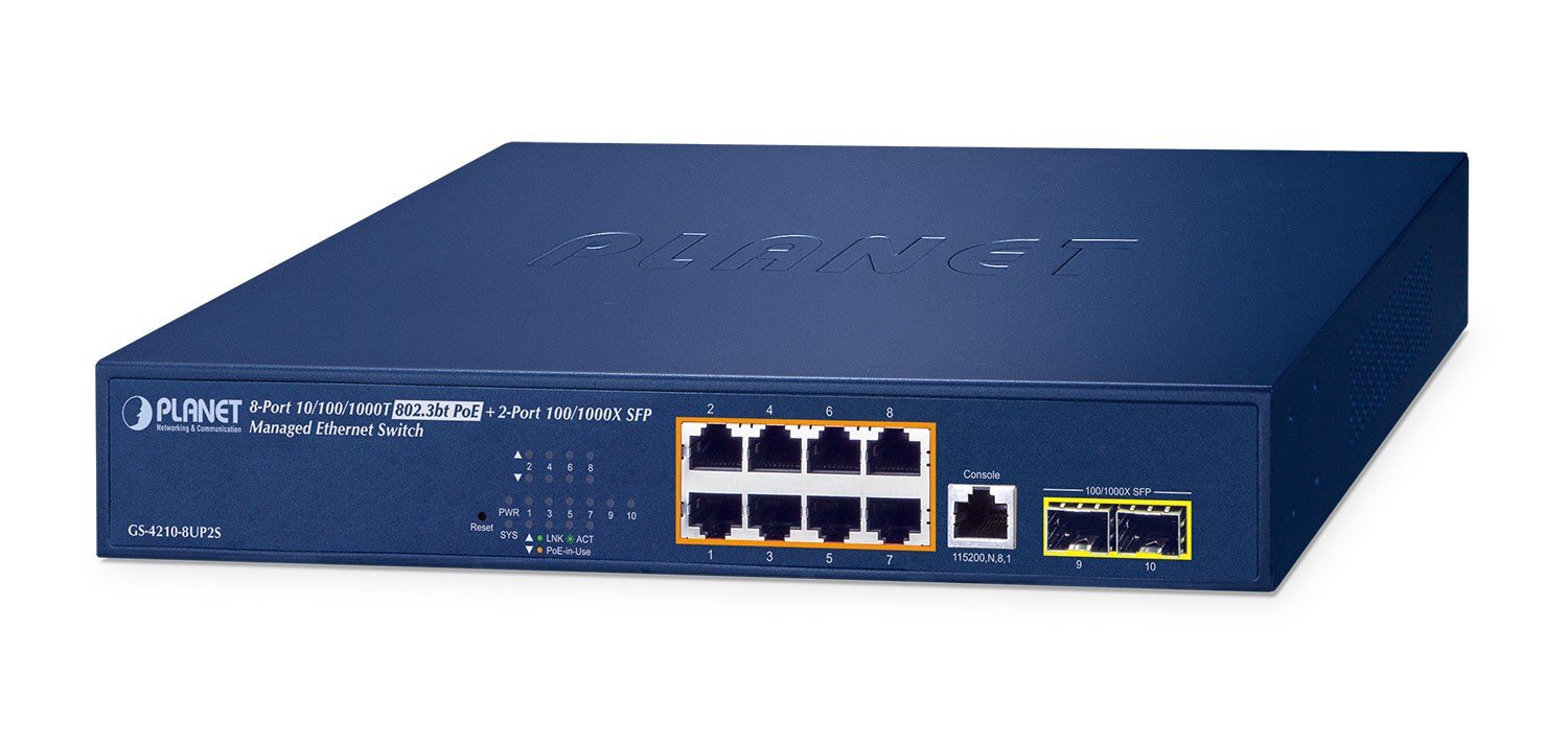 PLANET IPv6/IPv4, 8-Port Géré L2/L4 Gigabit Ethernet (10/100/1000) Connexion Ethernet, supportant l'alimentation via ce port (PoE) 1U Bleu