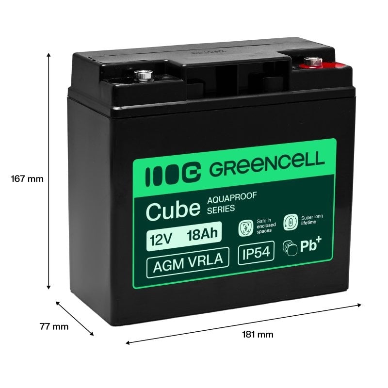 Batterie sans entretien Green Cell AGM VRLA 12V 18Ah pour caisses enregistreuses, jouets, caméras (181x77x167mm)