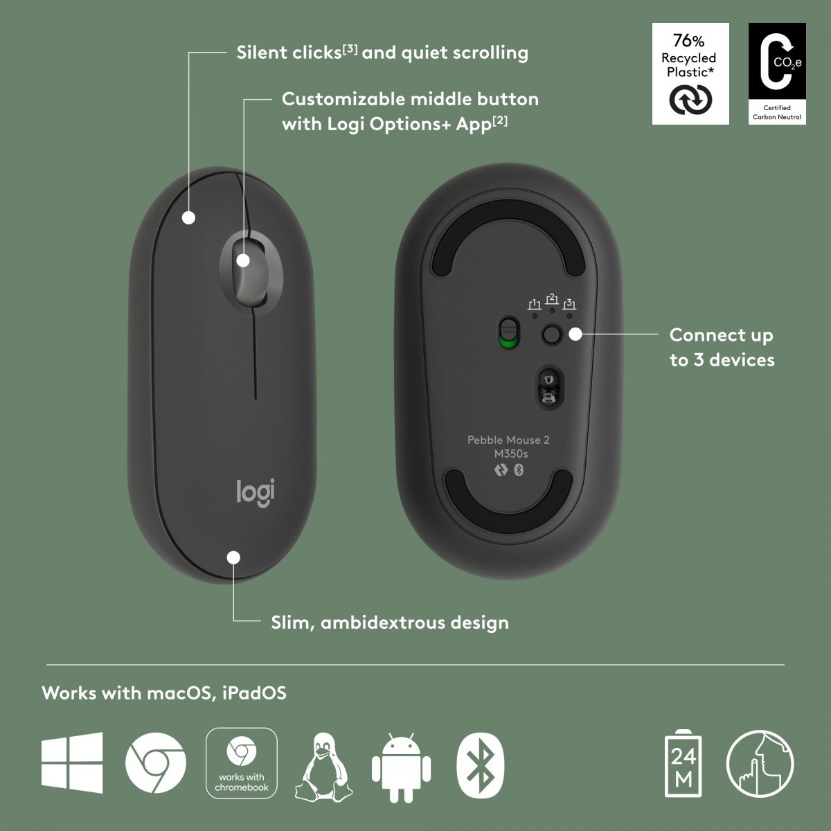 LOGITECH Pebble Mouse 2 M350s Mouse optical 3 buttons wireless Bluetooth 5.2 LE tonal graphite