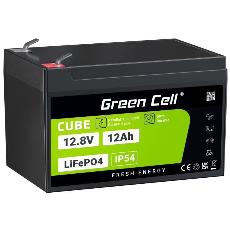 Green Cell LFPGC12V12AH CUBE Batterie LiFePO4 12Ah 12.8V 153.6Wh Lithium-Fer-Phosphate pour Fauteuil roulant, Jouets, Scooter