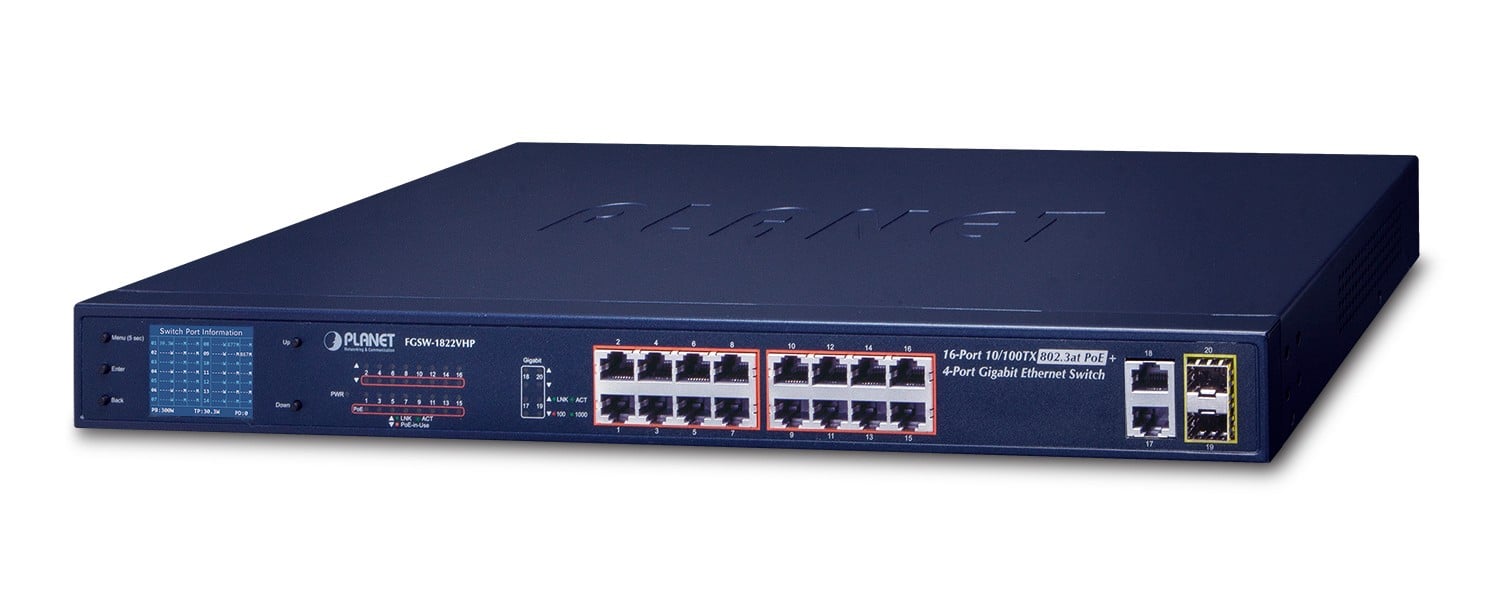 PLANET FGSW-1822VHP commutateur réseau Non-géré Fast Ethernet (10/100) Connexion Ethernet, supportant l'alimentation via ce port (PoE) 1U Bleu