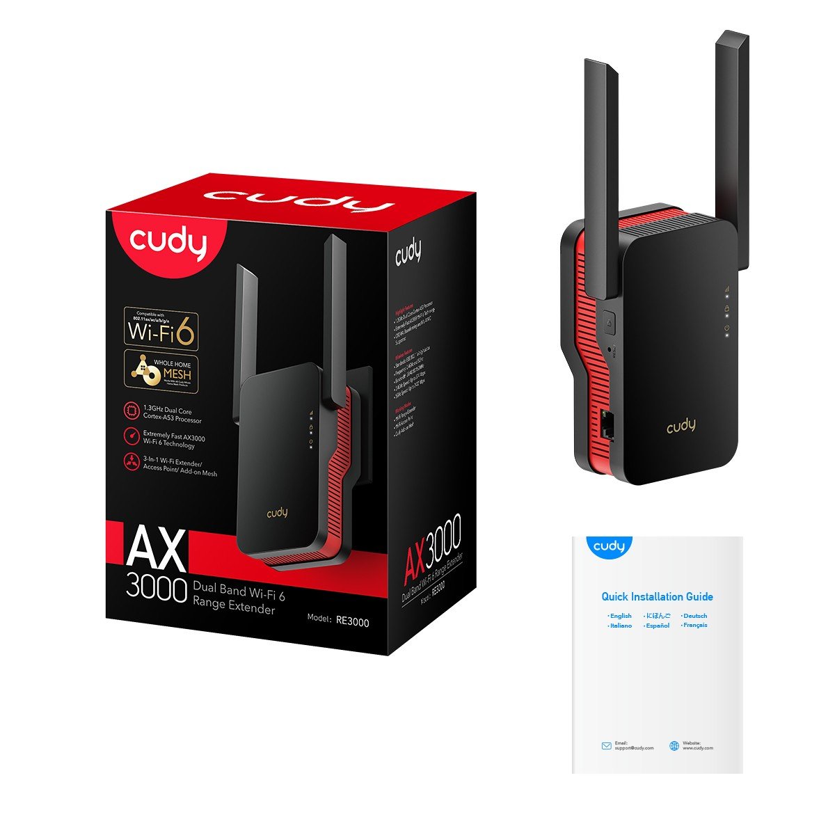 Cudy RE3000 prolongateur réseau Répéteur réseau Noir, Rouge 10, 100, 1000 Mbit/s