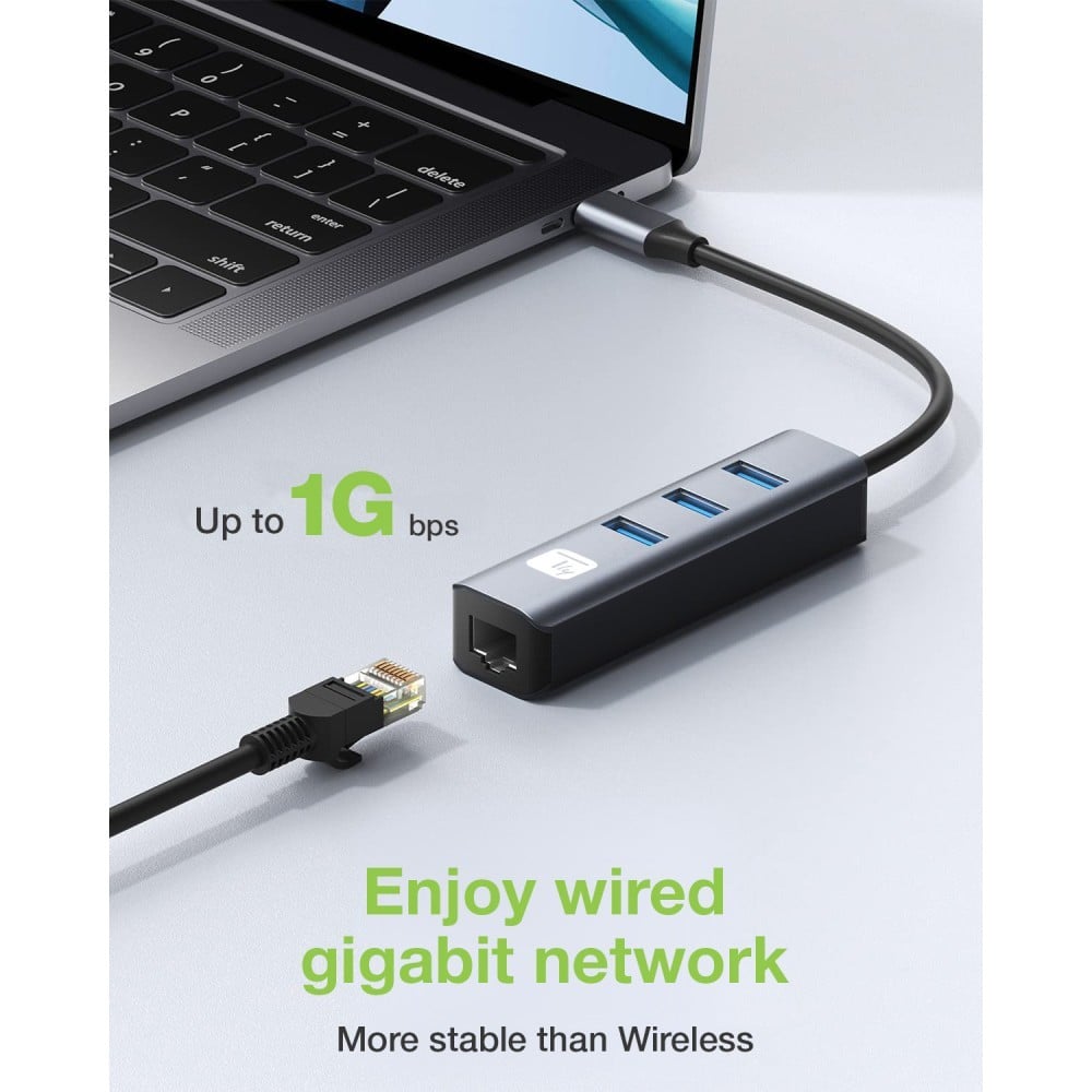 Techly IDATA USB-ETGIGA3CA Carte réseau/Adaptateur USB-C vers RJ45 Gigabit, hub 3x USB-A
