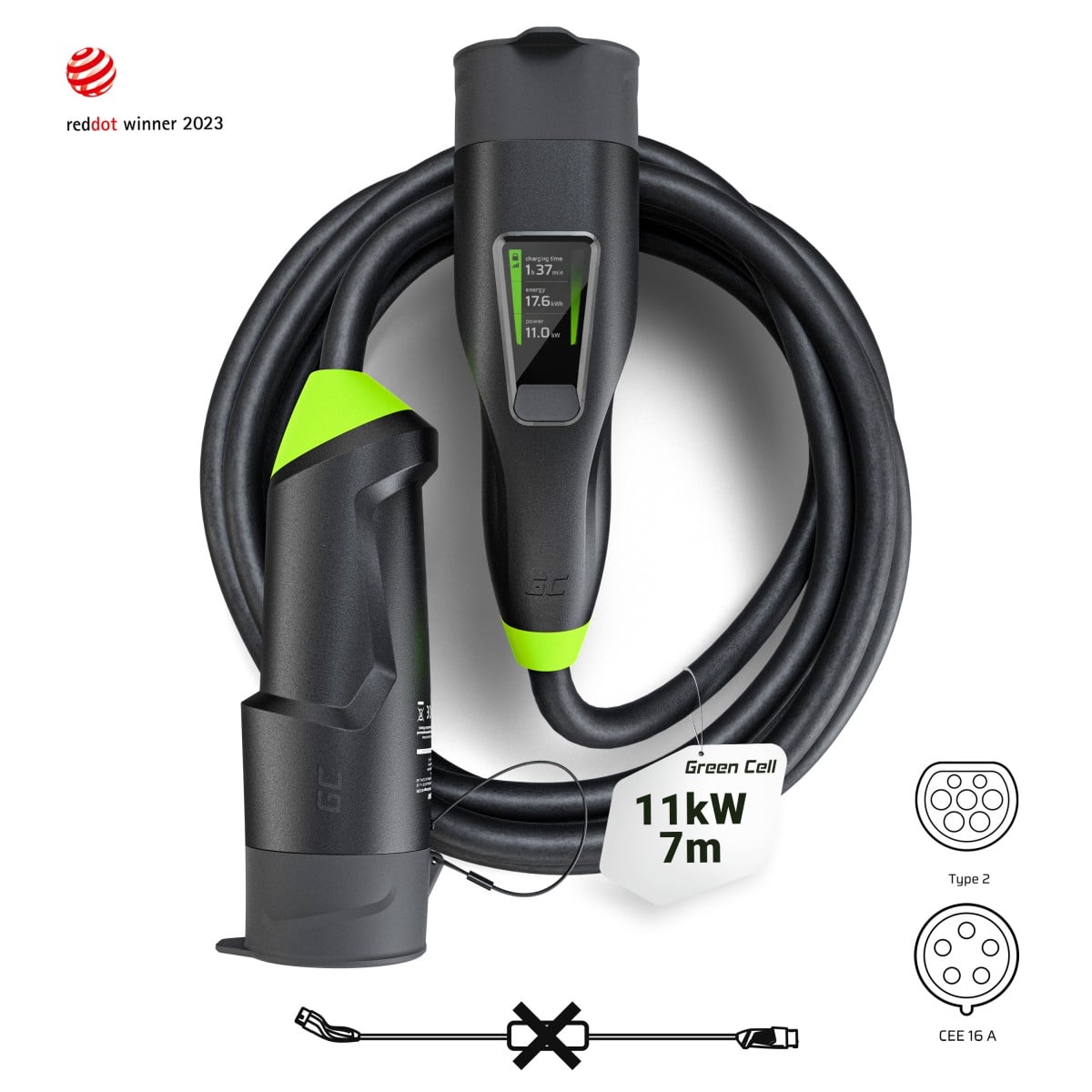 Green Cell EVGC01 - Noir - Type 2 - Droit - Droit - IP55 - Noir