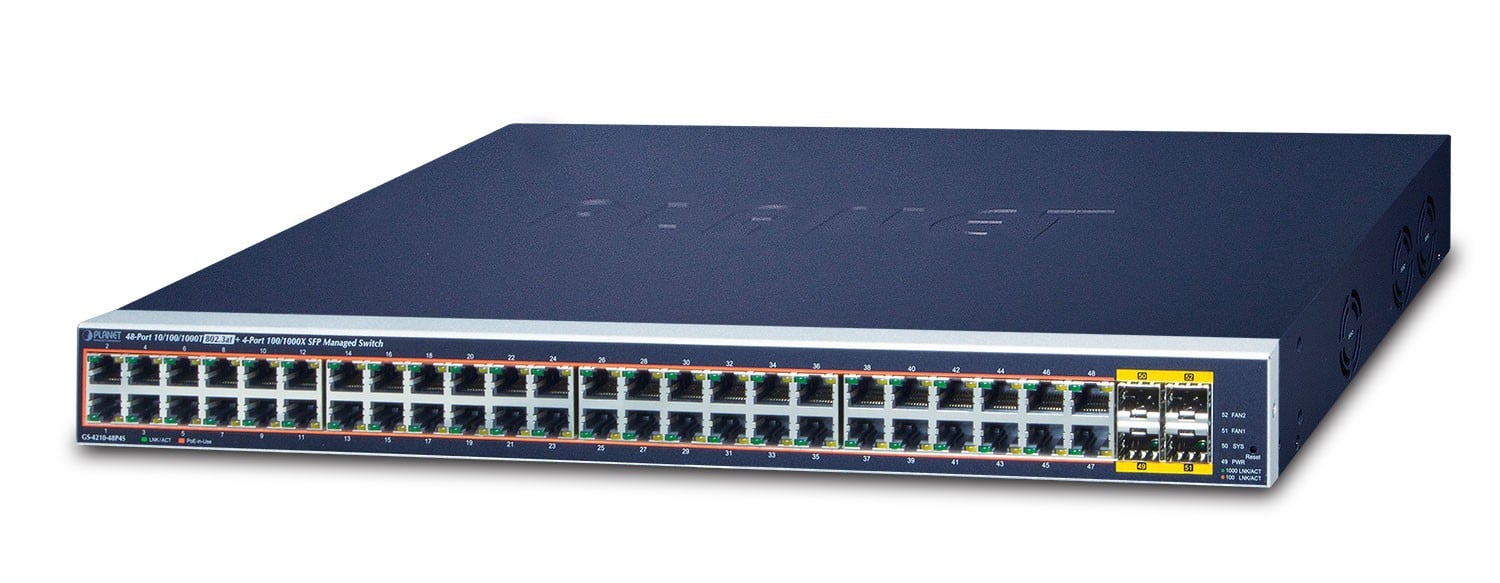 PLANET GS-4210-48P4S commutateur réseau Géré L2/L4 Gigabit Ethernet (10/100/1000) Connexion Ethernet, supportant l'alimentation via ce port (PoE) 1U Bleu