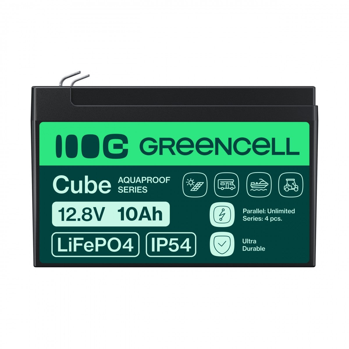 Green Cell LFPGC12V10AH CUBE Batterie LiFePO4 10Ah 12.8V 128Wh Lithium-Fer-Phosphate pour alimentation de secours et éclairage, centrales d'alarme
