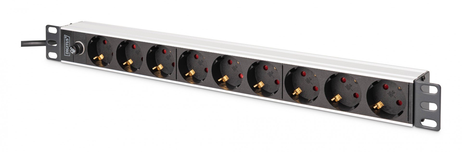 "Barre d'alimentation PDU Rack 19"" avec fusible de surcharge, 9 prises Schuko CEE 7/3 (45°), câble de 2m, fiche IEC C14, 10A, aluminium"
