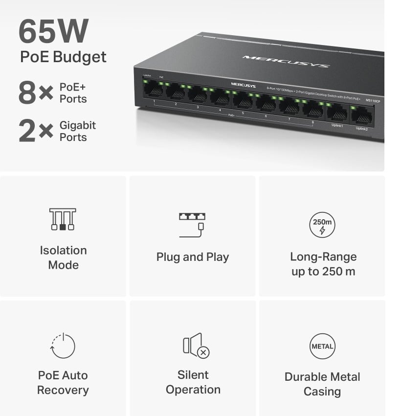 Mercusys MS110CP commutateur réseau Fast Ethernet (10/100) Connexion Ethernet, supportant l'alimentation via ce port (PoE) Noir