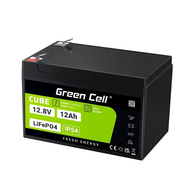 Green Cell LFPGC12V12AH CUBE Batterie LiFePO4 12Ah 12.8V 153.6Wh Lithium-Fer-Phosphate pour Fauteuil roulant, Jouets, Scooter
