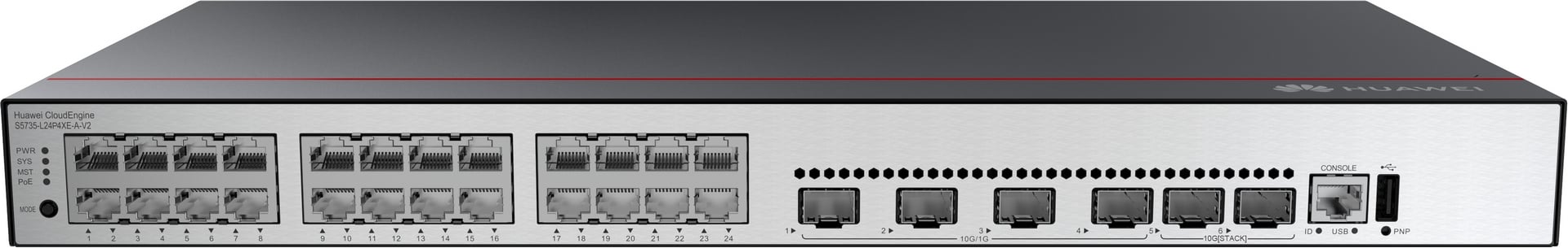 HUAWEI S5735-L24P4XE-A-V2 24x10/100/1000BASE-T Ports 4x10GE SFP+ ports 2x12GE Stack Ports PoE+ AC Power