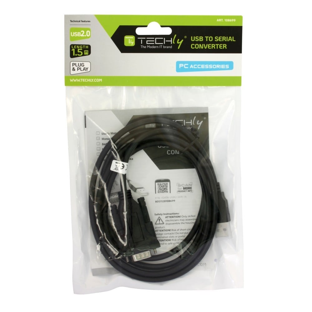 Techly IDATA USB2-SER-1A Convertisseur USB vers RS232/DB9 M/M avec câble de 1,5 m Polybags