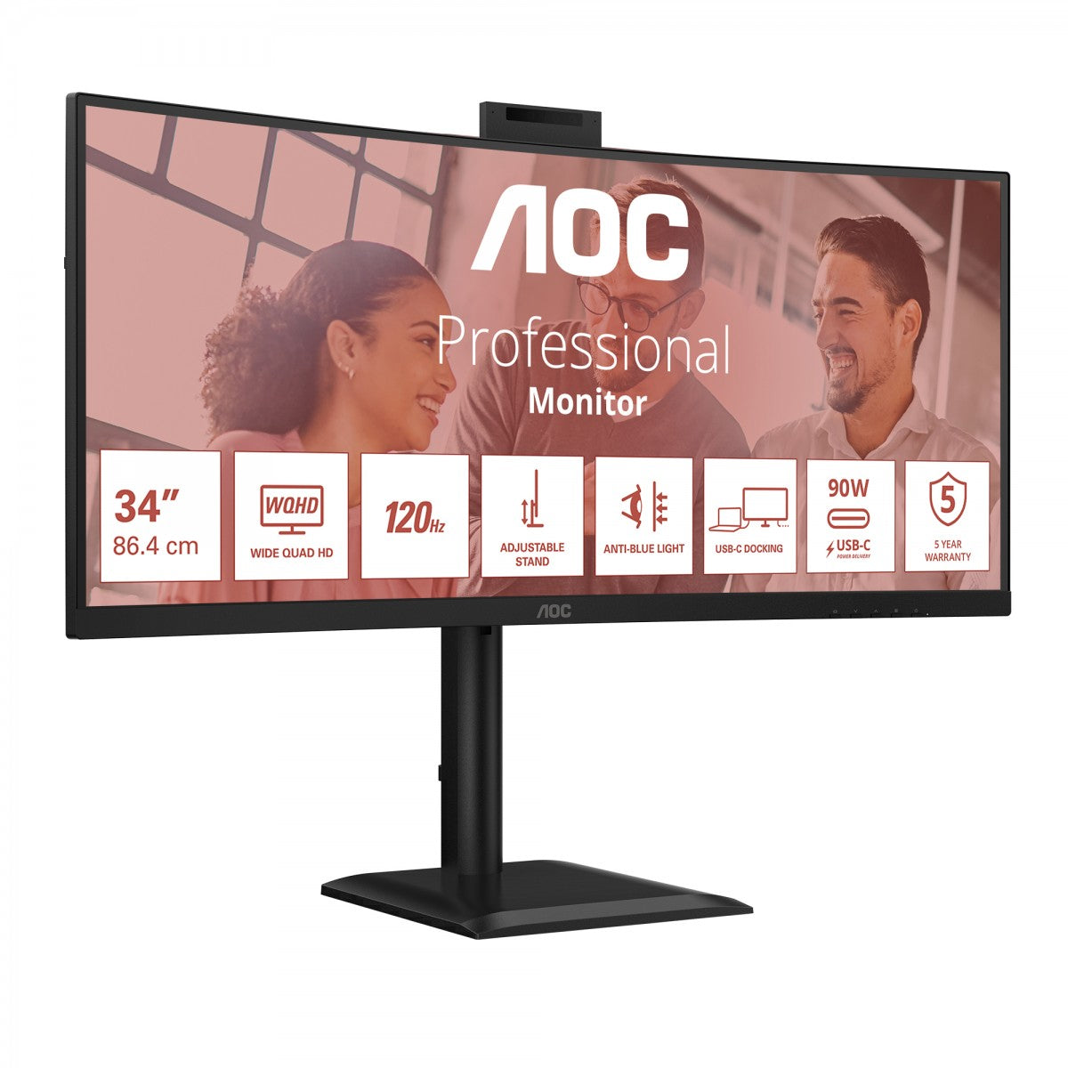 AOC CU34E4CW 34p 3440x1440 120HZ VA CURVED H/A 180 MM USB-C DOCKING TUV EyeComfort Hardware USB HUB DP HDMI