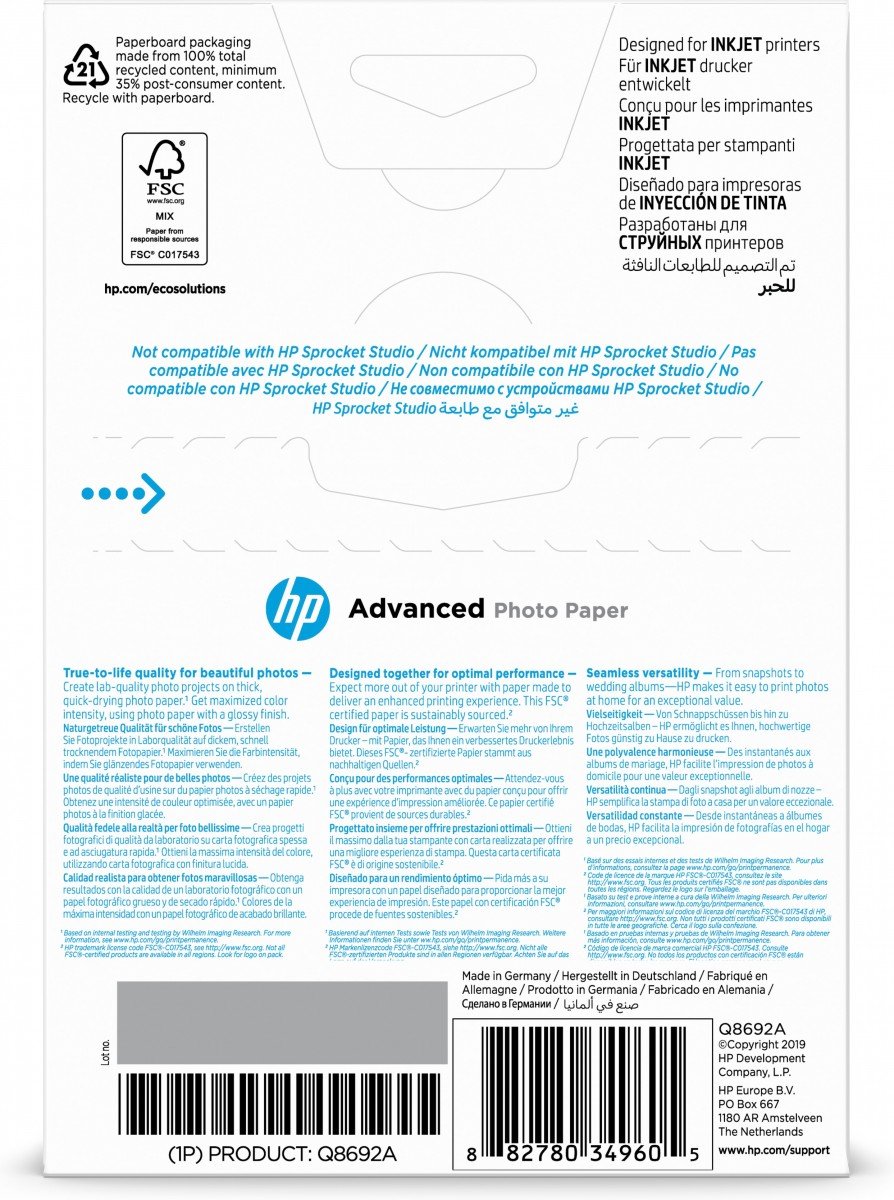 HP original Q8692A Advanced glossy photo paper Ink cartridge 250g/m2 100x150mm 100 sheets 1-pack borderless