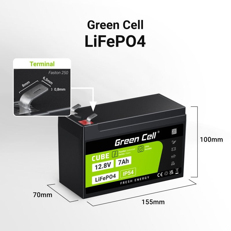 Green Cell LFPGC12V7AH CUBE Batterie LiFePO4 7Ah 12.8V 89.6Wh Lithium-Fer-Phosphate pour alimentations UPS, Surveillance de sécurité