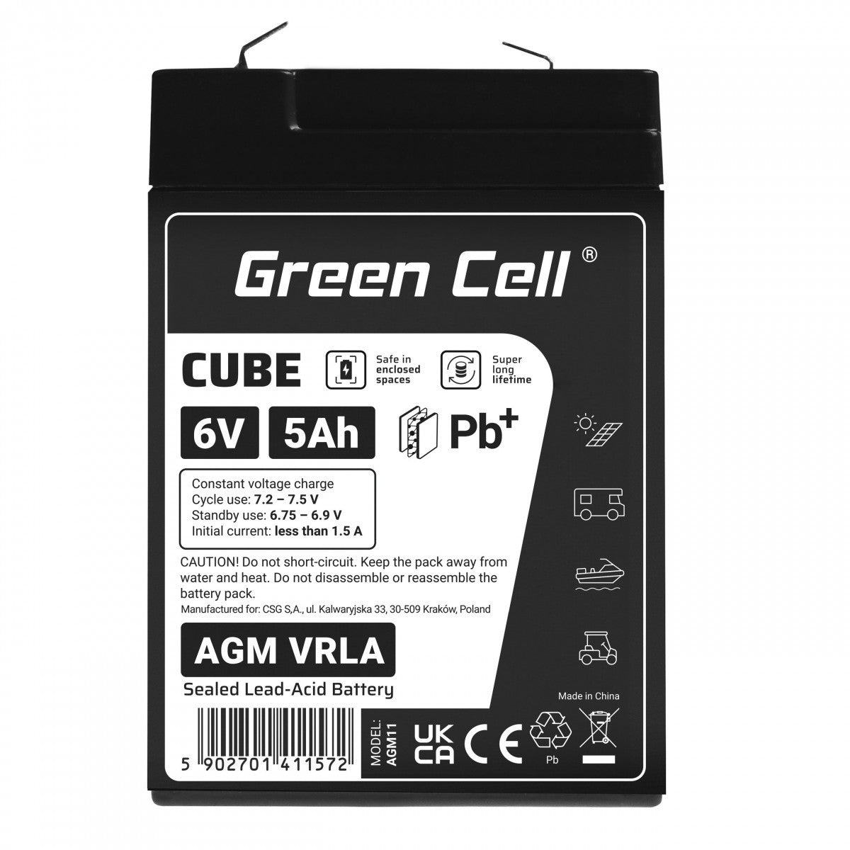 Batterie sans entretien Green Cell Cube AGM VRLA IP54 6V 5Ah pour systemes d'alarme, caisses enregistreuses, jouets