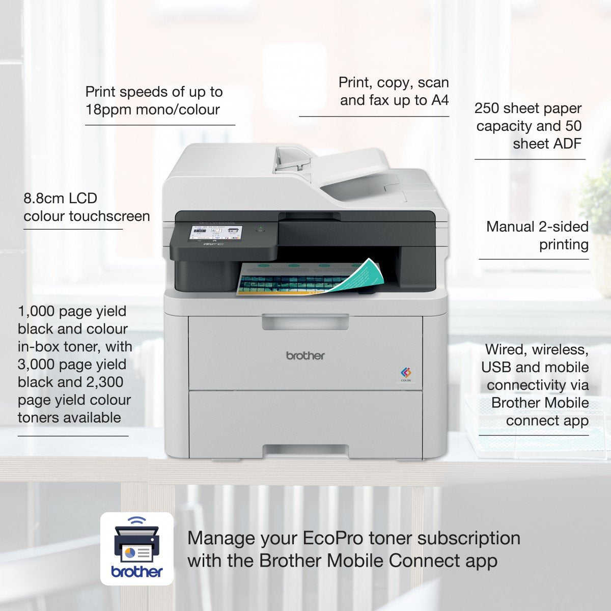 BROTHER MFC-L3740CDWE MFP colour LED A4 18ppm Copy 18ppm Print 250sheets USB LAN Wi-Fi