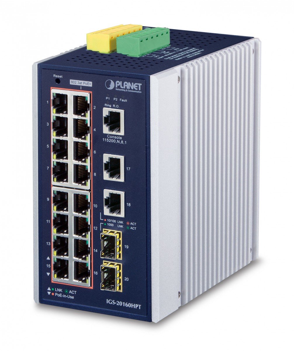 PLANET IGS-20160HPT commutateur réseau Géré L2/L3 Gigabit Ethernet (10/100/1000) Connexion Ethernet, supportant l'alimentation via ce port (PoE) Bleu, Blanc