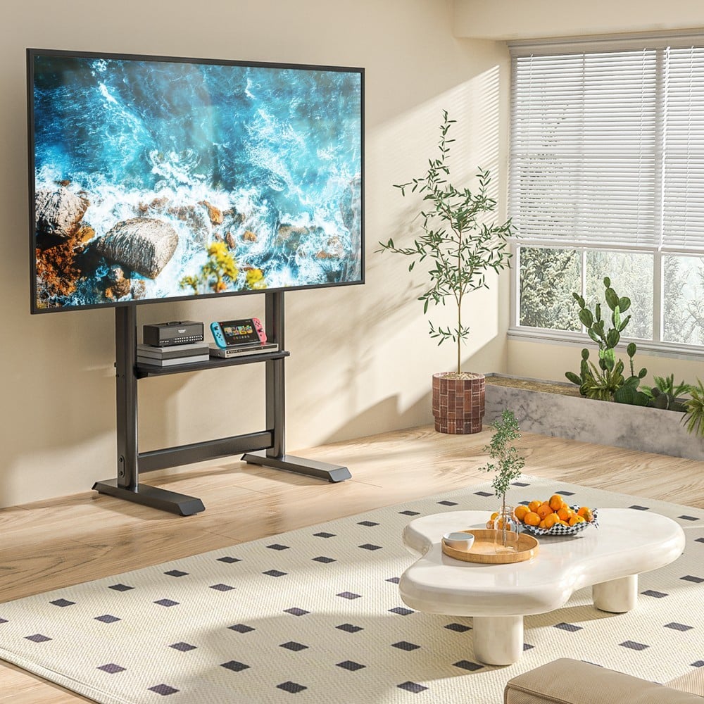 "Techly ICA-TR130BK Support de sol pour TV 60-86"" jusqu'a 68kg réglable avec étagere AV"