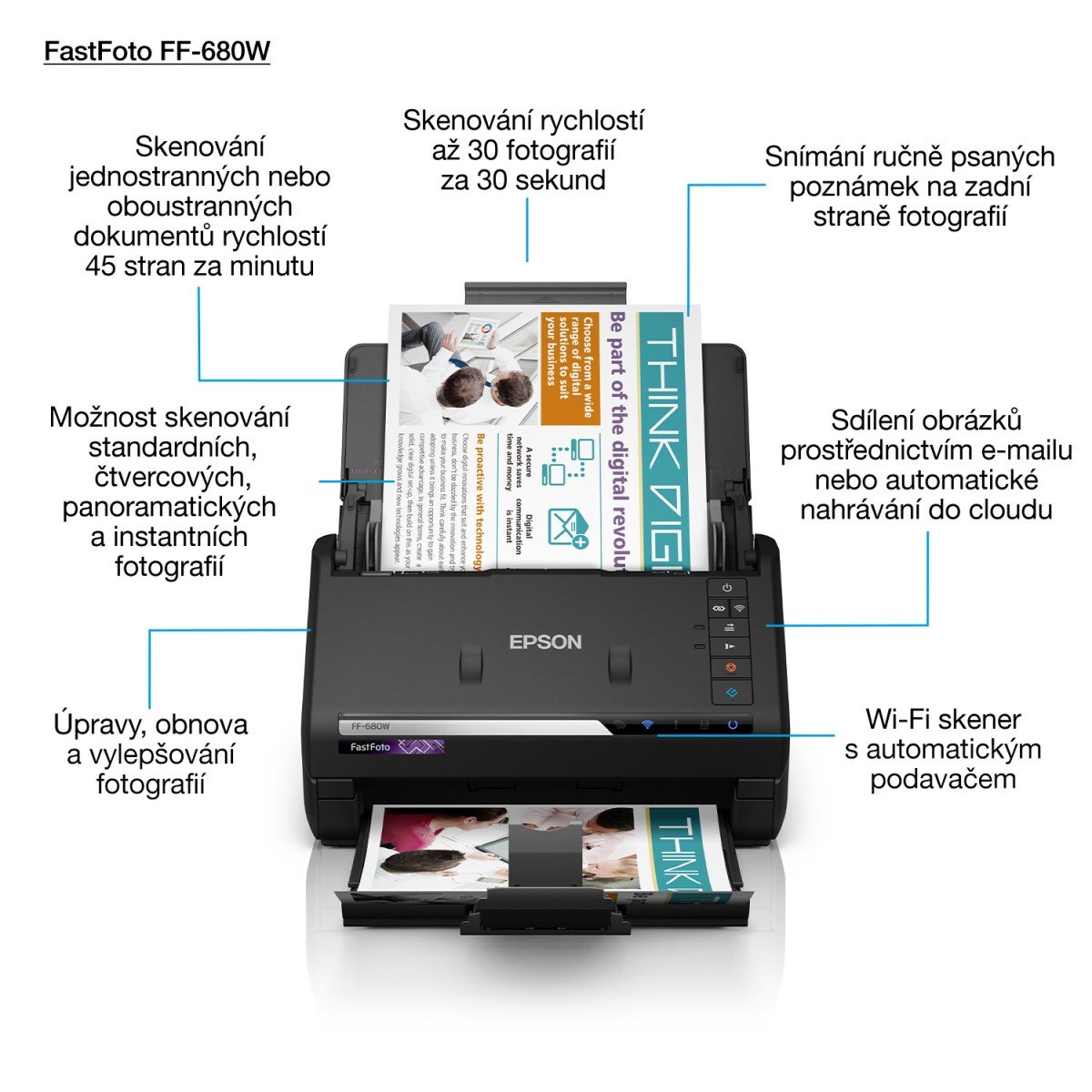 EPSON FastFoto FF-680W Document scanner Contact Image SensorCIS Duplex A4 600x600dpi 45ppm mono/45ppm colour ADF USB 3.0 Wi-Fi