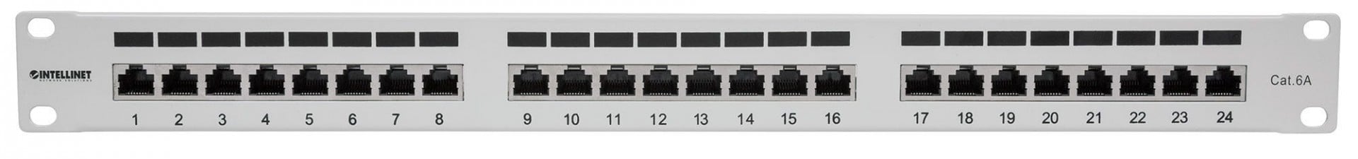 INTELLINET Panneau de brassage Cat6a blindé 24 ports FTP 1 U 90 degrés avec entrée supérieure, blocs de connexion, gris