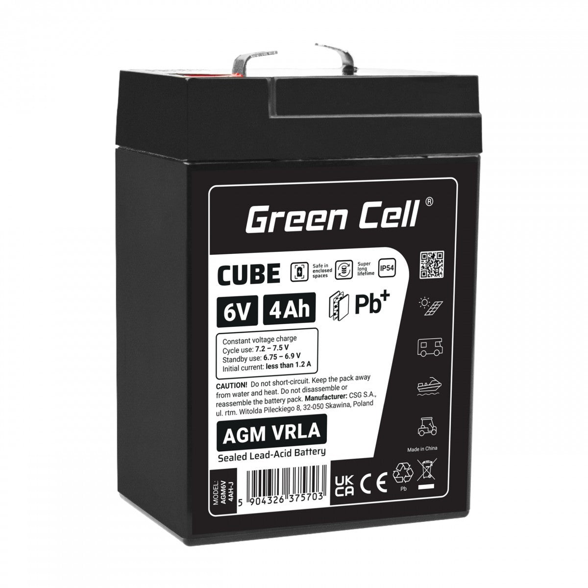 Batterie sans entretien Green Cell Cube AGM VRLA IP54 6V 4Ah pour systemes d'alarme, caisses enregistreuses, jouets