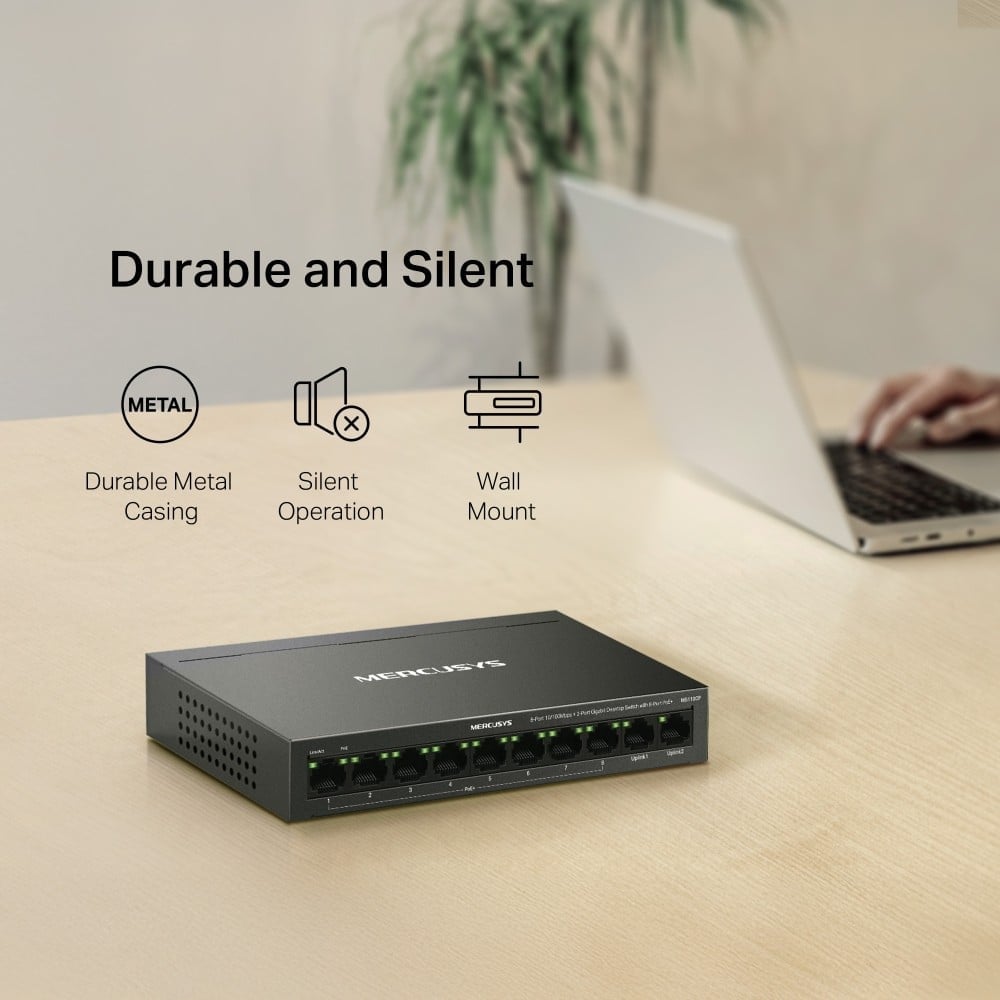 Mercusys MS110CP commutateur réseau Fast Ethernet (10/100) Connexion Ethernet, supportant l'alimentation via ce port (PoE) Noir