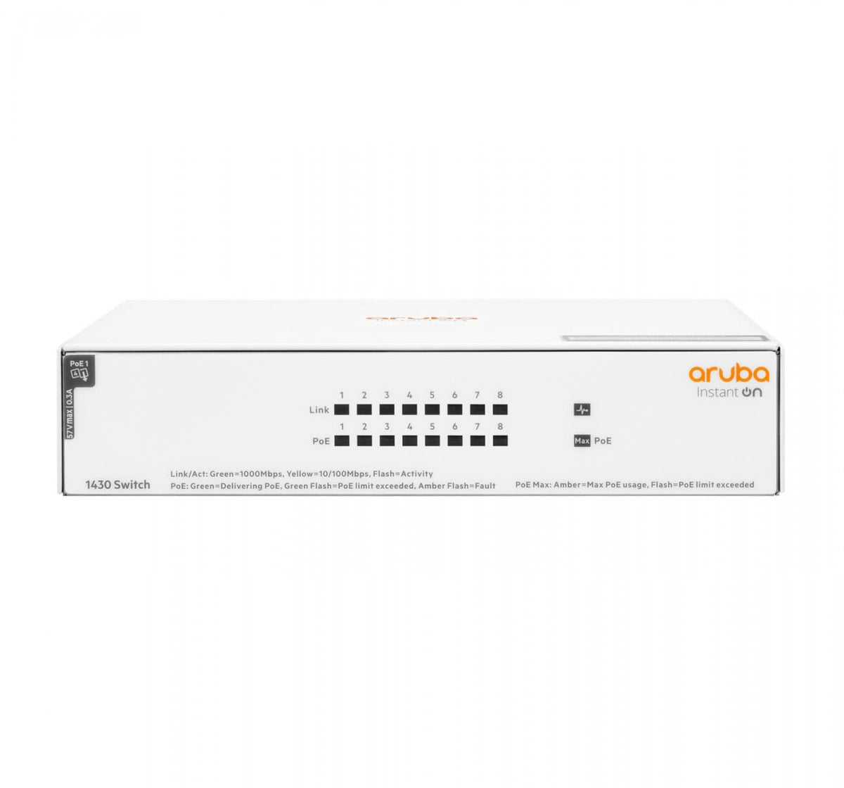 HPE Networking Instant On 1430 8G Class4 PoE 64W Switch Commutateur non géré 8 x 10/100/1000 PoE Class 4 de bureau