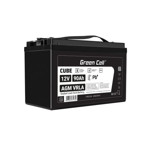 Batterie sans entretien Green Cell Cube AGM VRLA IP54 12V 90Ah pour camping-cars, photovoltaiques, panneaux solaires et bateaux