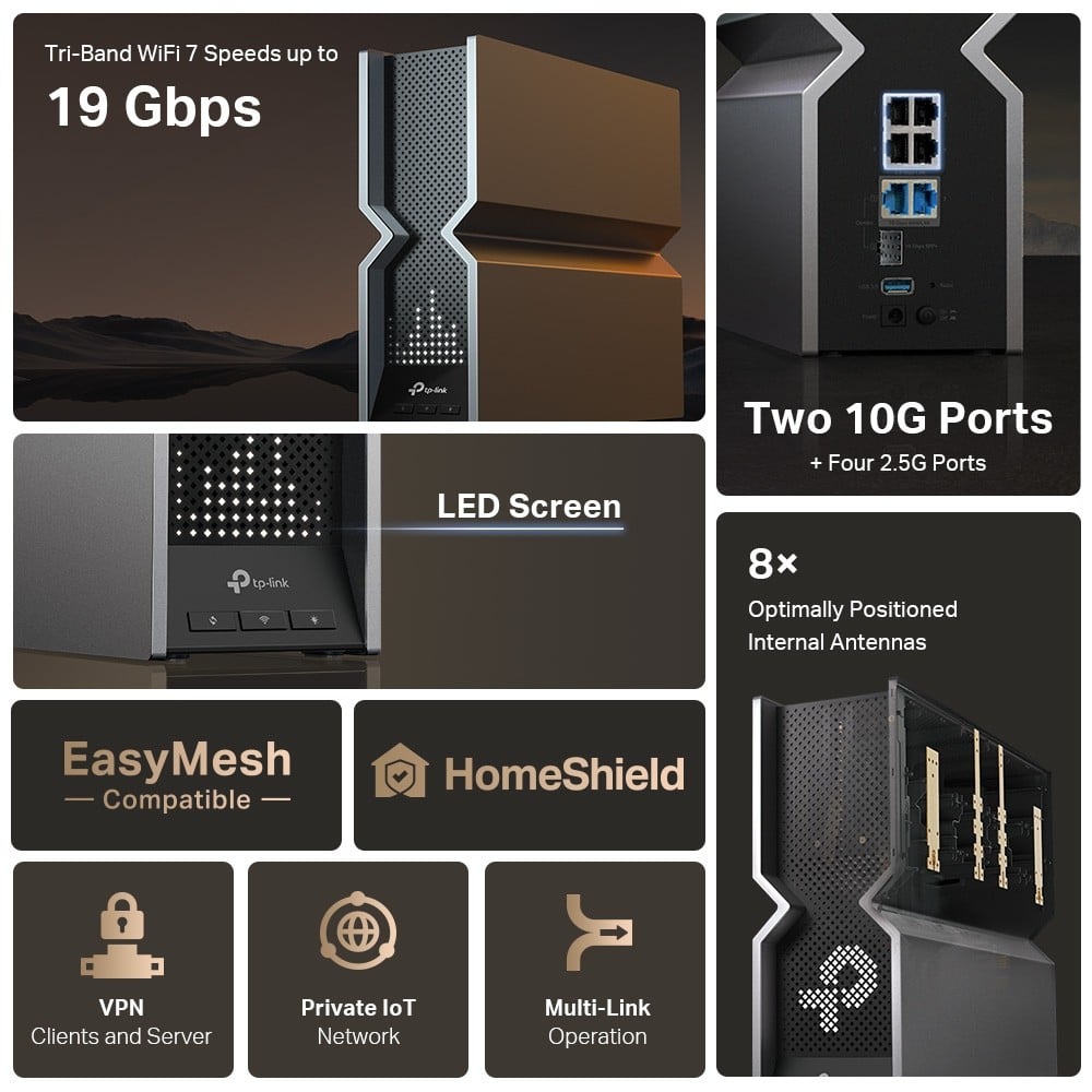 TP-LINK BE19000 Tri Band Wi-Fi 7 Router 1376Mbps at 2.4GHz + 5760Mbps at 5GHz + 11520Mbps at 6GHz 8x Internal Antennas
