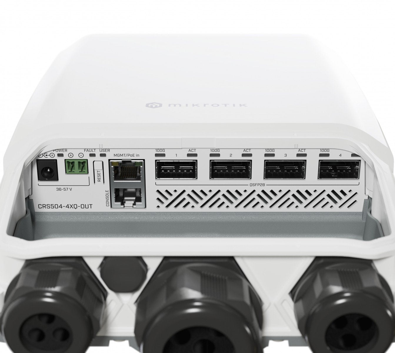 Mikrotik CRS504-4XQ-OUT commutateur réseau Géré L3 Fast Ethernet (10/100) Connexion Ethernet, supportant l'alimentation via ce port (PoE) 1U Blanc
