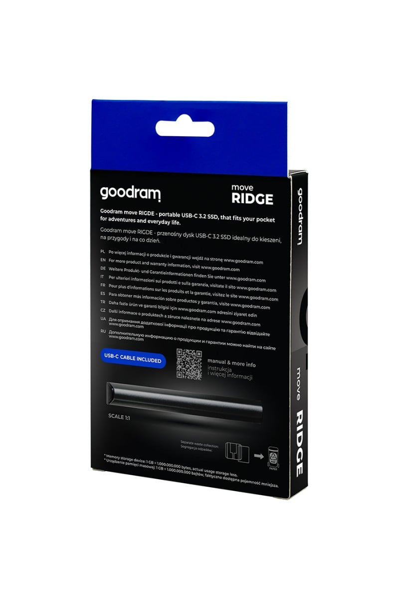 Goodram SSDR-GMRE-01T-K0 disque SSD externe 1 To 3.2 Gen 2 (3.1 Gen 2) Noir