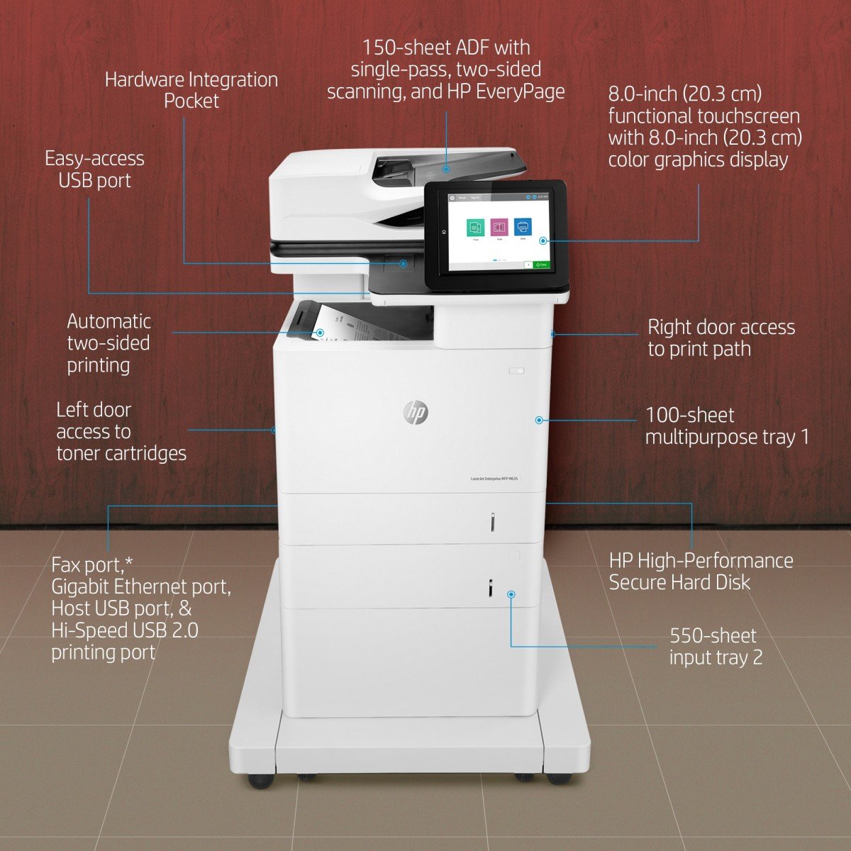 HP LaserJet Enterprise MFP M635fht MFP Mono laser 216x864mm A4 61ppm Copy 61ppm Print 1200sheets USB LAN