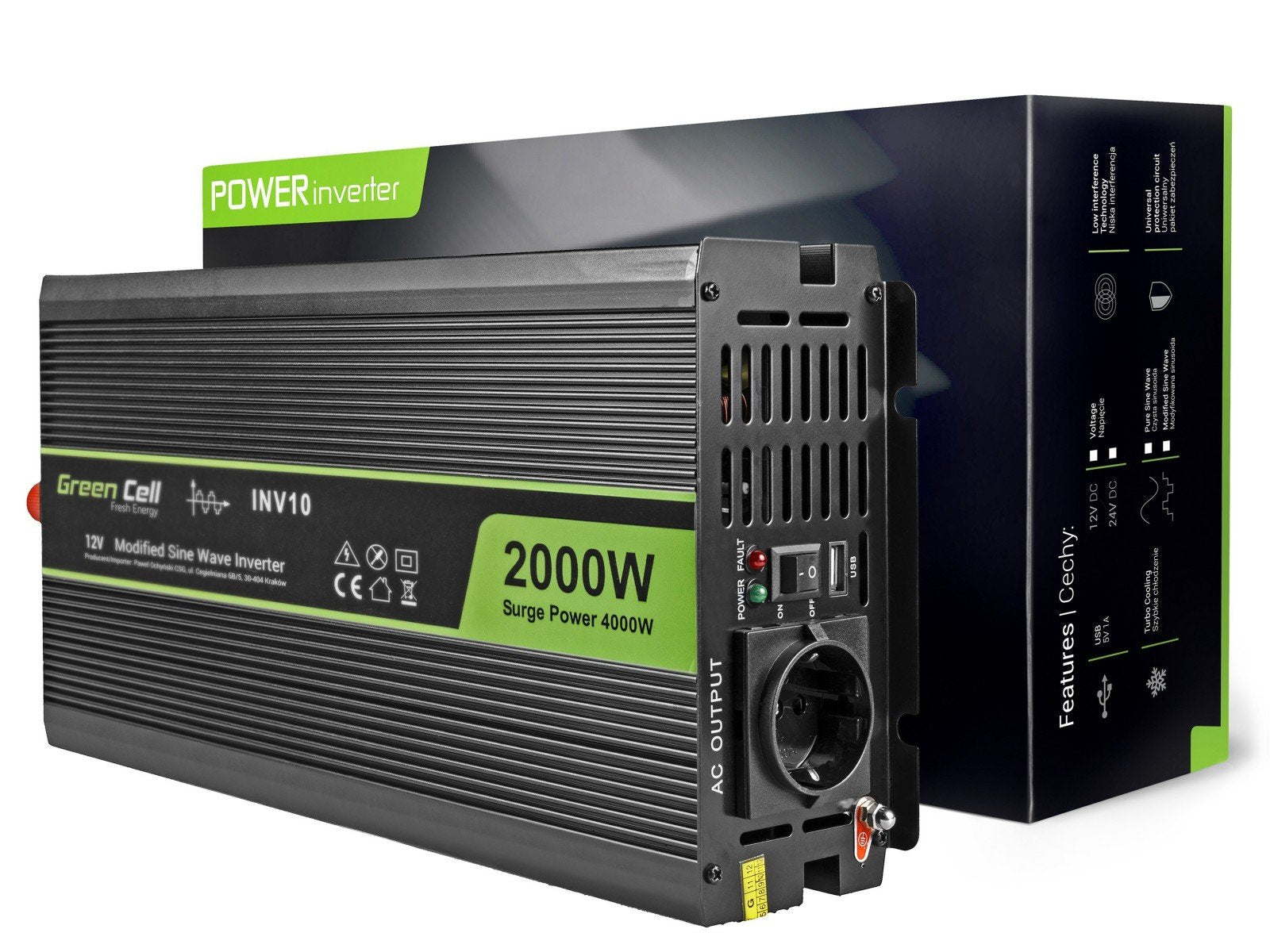 Green Cell INV10 adaptateur de puissance & onduleur Auto 2000 W Noir