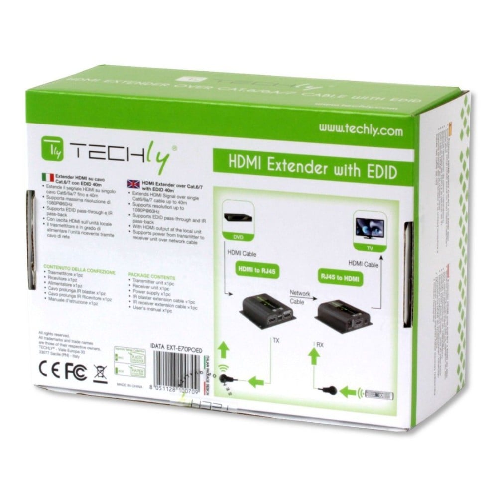 Techly IDATA EXT-E70POED Extendeur HDMI 1.4 1080p60Hz jusqu'a 40m sur Cat6 avec IR PoC