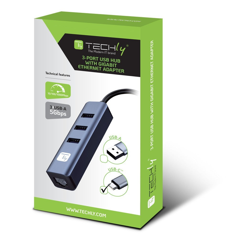 Techly IDATA USB-ETGIGA3CA Carte réseau/Adaptateur USB-C vers RJ45 Gigabit, hub 3x USB-A
