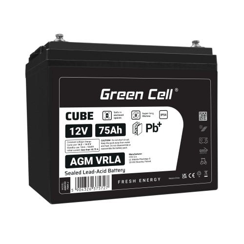 Batterie sans entretien Green Cell Cube AGM VRLA IP54 12V 75Ah pour camping-cars, photovoltaiques, panneaux solaires et bateaux