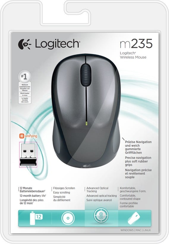 LOGITECH M235 Mouse right-handed optical wireless 2.4 GHz USB wireless receiver grey