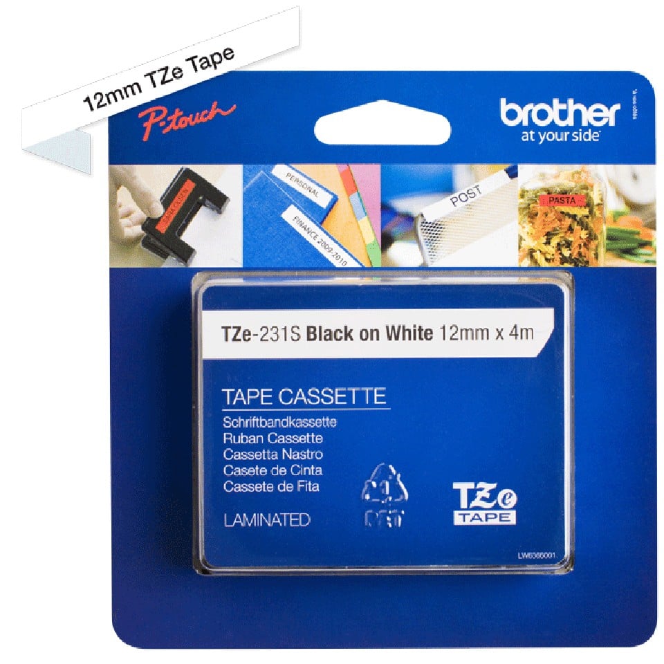 TZE231S 12mm Black on White Tape 4m
