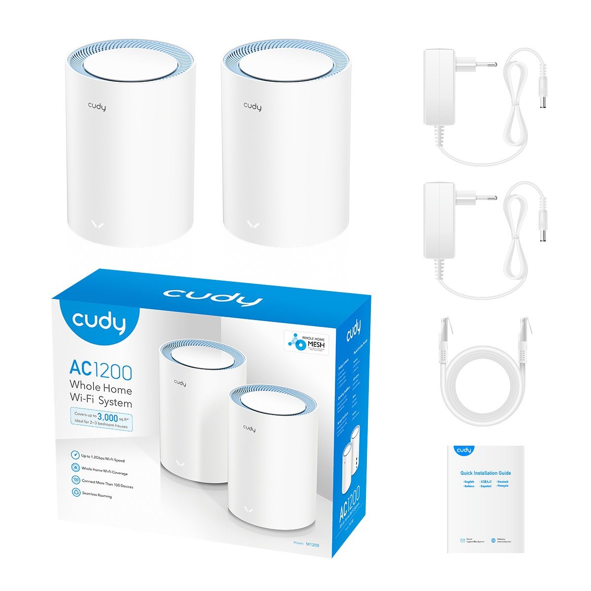 Cudy M1200 2-pack Bi-bande (2,4 GHz / 5 GHz) Wi-Fi 5 (802.11ac) Blanc 1 Interne
