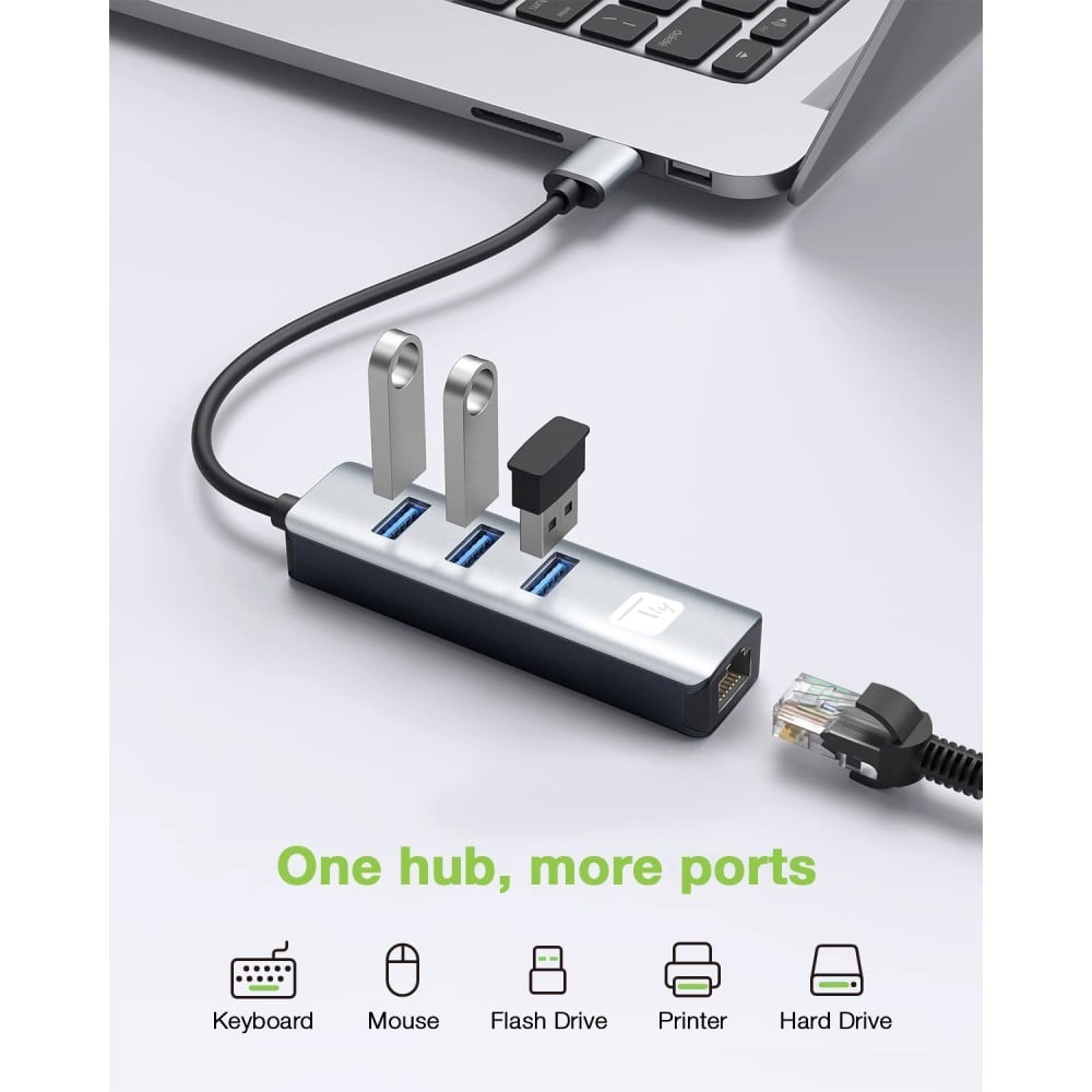 Techly IDATA USB-ETGIGA3AA Carte réseau/Adaptateur USB 3.0 vers RJ45 Gigabit, hub 3x USB-A