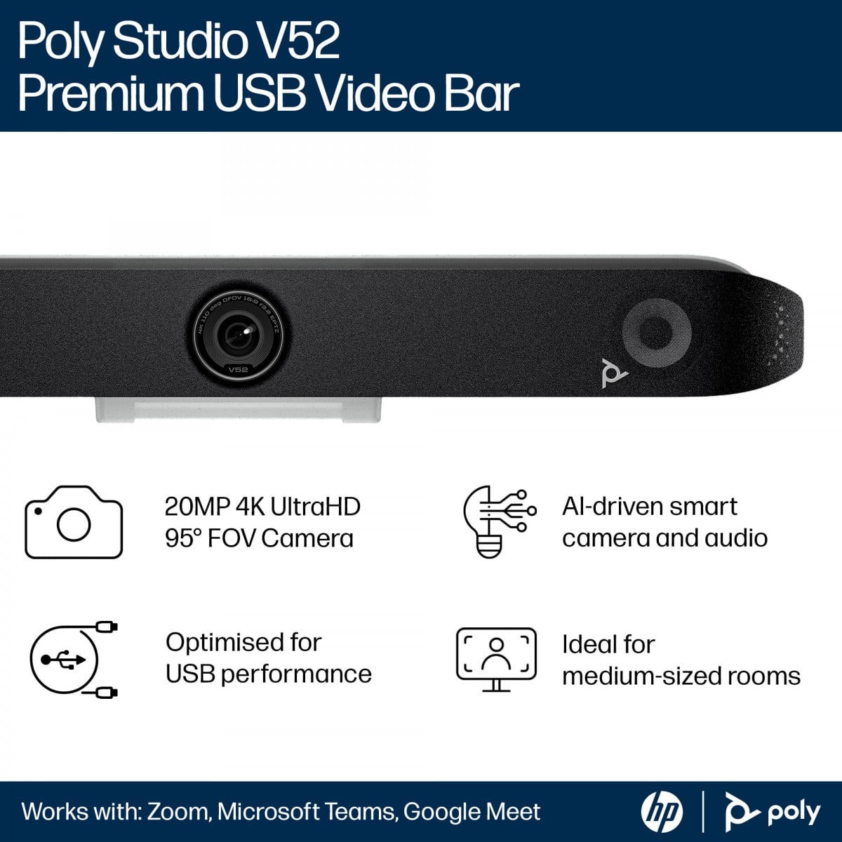 HP Poly Studio V52 USB Video Bar No Power Cord TAA No localization