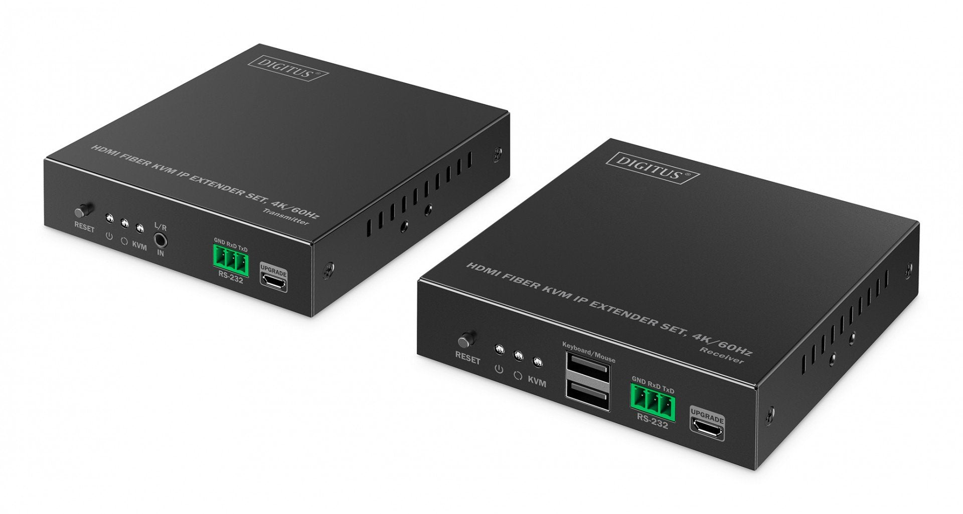 Extenseur HDMI fibre optique 4K/60Hz avec KVM USB 1.1 sur IP 1G jusqu'a 40 km/300 m, max. 253 récepteurs, HDMI Loop-Out, Audio - ensemble