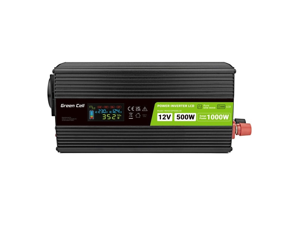 Green Cell Przetwornica napicia PowerInverter LCD 12 V 500W/1000W Przetwornica samochodowa z wywietlaczem - czysty sinus adaptateur de puissance & onduleur Auto